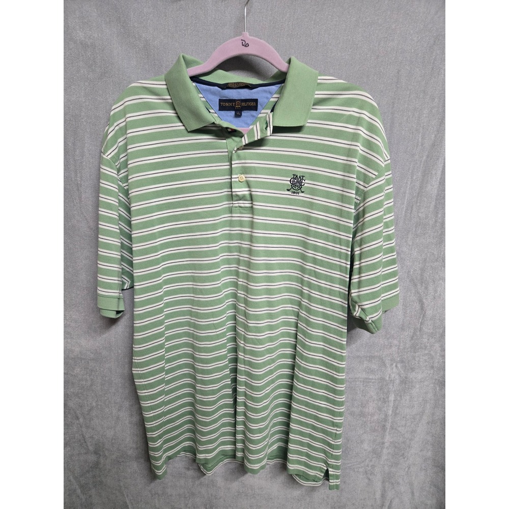 Tommy Hilfiger Golf Mens Large Green White Striped Cotton Pique Polo Shirt Logo‎